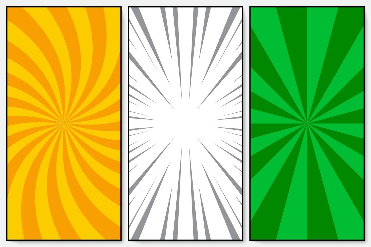 Set aus orangefarbenen, grünen, weißen Strahlen und spiralförmigem Hintergrund Pop-Art Retro-Vektor-Illustration-Kitsch-Zeichnung vektor