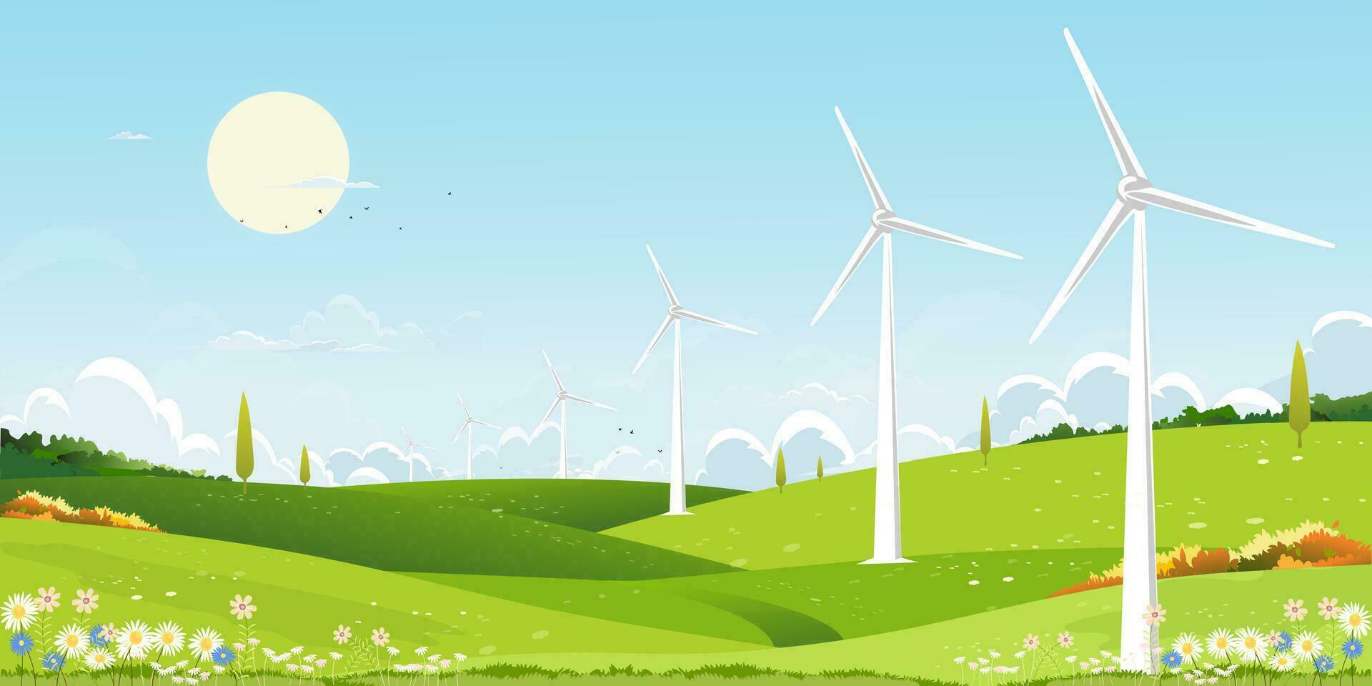 vår landskap grön fält med väderkvarn på berg, blå himmel, moln och sol, vektor tecknad serie lantlig naturlig med sol- panel vind turbiner installerad som förnybar station energi källor för elektricitet