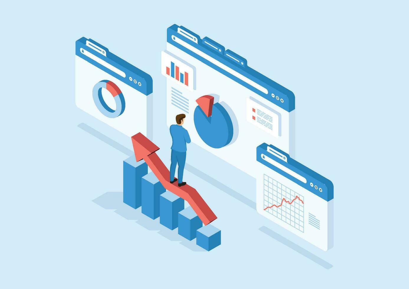 isometrisk affärsman stående på pil arbetssätt för data analys och övervakning på webb Rapportera instrumentbräda övervaka och företag finansiera. illustratör vektor