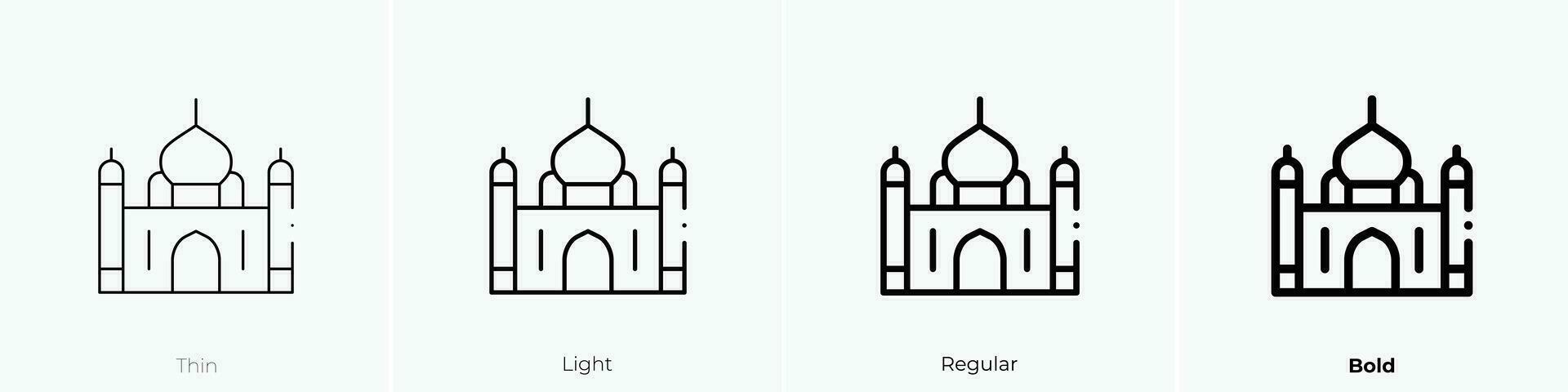 taj Mahal Symbol. dünn, Licht, regulär und Fett gedruckt Stil Design isoliert auf Weiß Hintergrund vektor