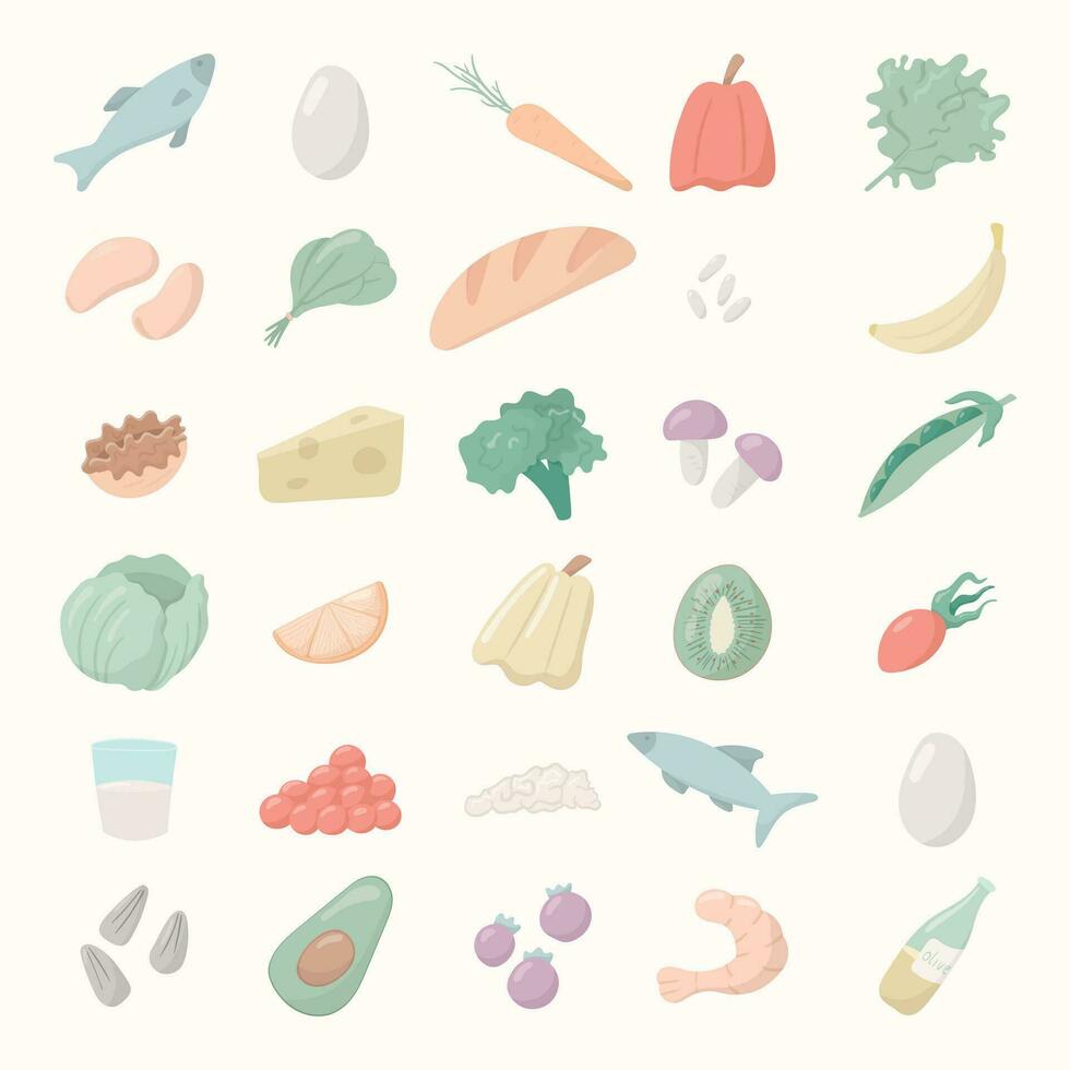 Vektor Illustration von ein Gruppe von Karikatur Objekte. gesund Essen Symbole. Früchte, Gemüse und Getreide, Meeresfrüchte. Hintergrund Dekoration.