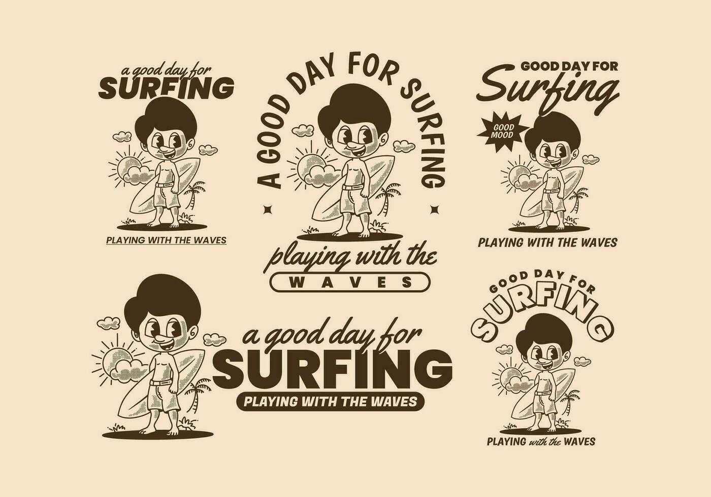 ein gut Tag zum Surfen, retro Illustration von ein Junge Stehen auf das Strand halten ein Surfbrett vektor