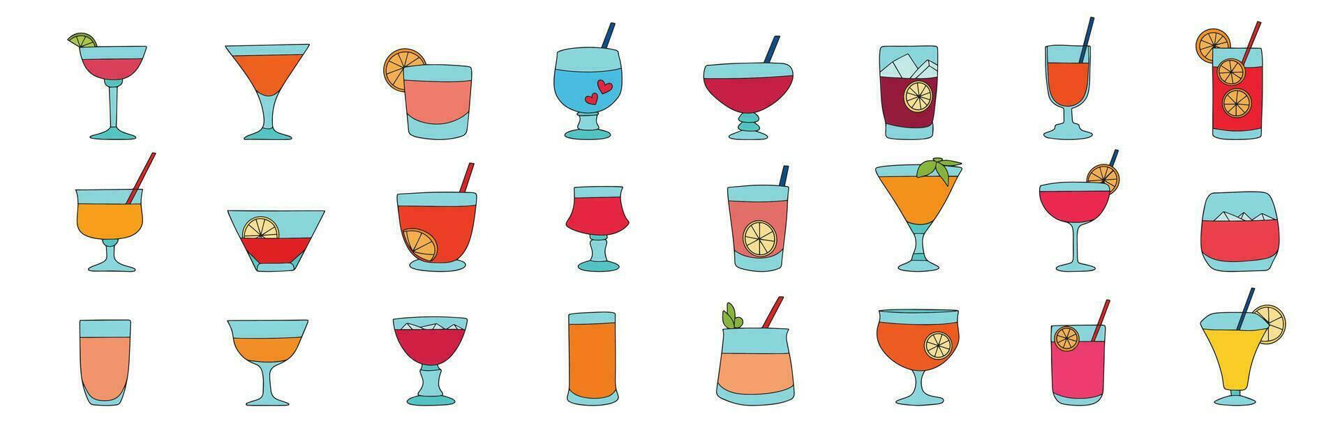 uppsättning av cocktails färgad översikt. hand dragen klotter cocktail. vektor illustration.