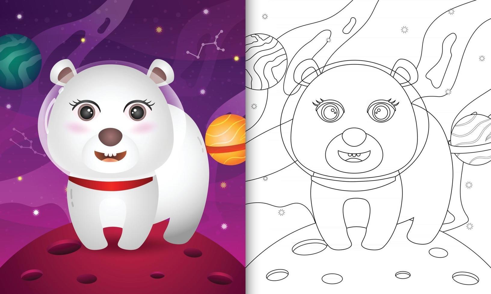 Malbuch für Kinder mit einem süßen Eisbären in der Weltraumgalaxie vektor