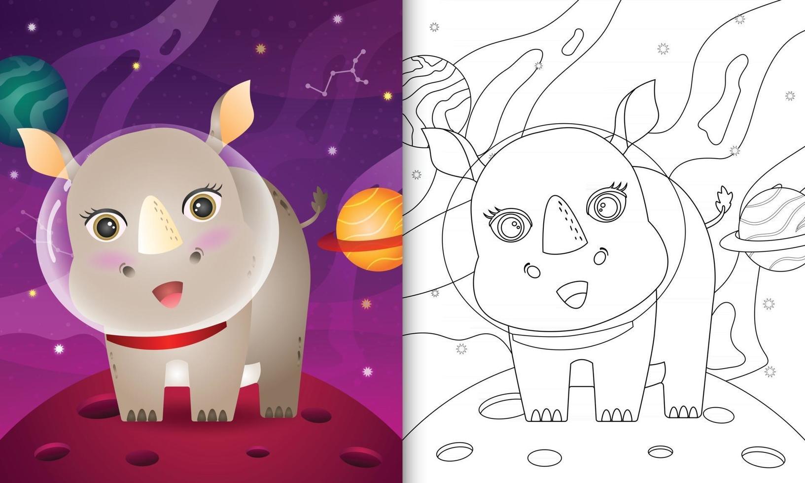 Malbuch für Kinder mit einem süßen Nashorn in der Weltraumgalaxie vektor