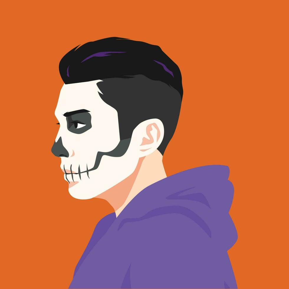 jung Mann Gesicht mit Schädel bilden im Profil, Benutzerbild, Seite Sicht. Halloween. modern eben Vektor Illustration.