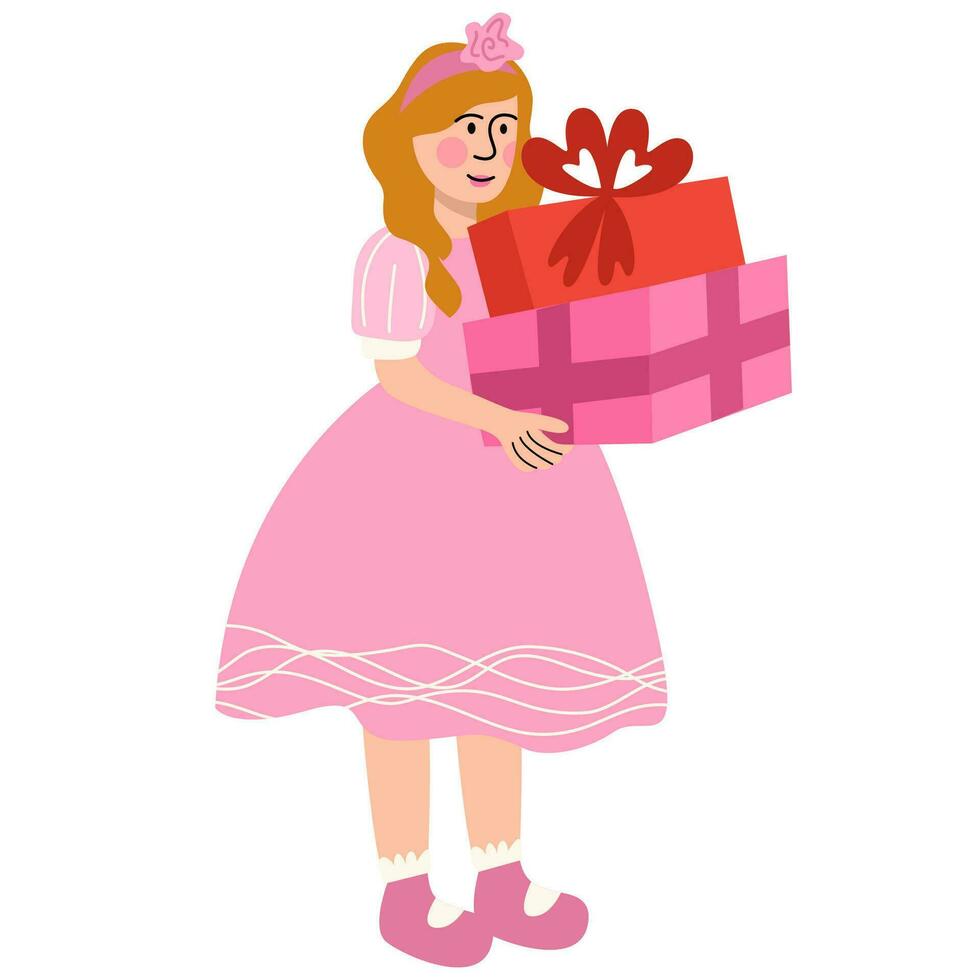 flicka, barn i rosa drees innehav en lugg av presenterar i de lådor. ny år, födelsedag eller jul firande. vektor
