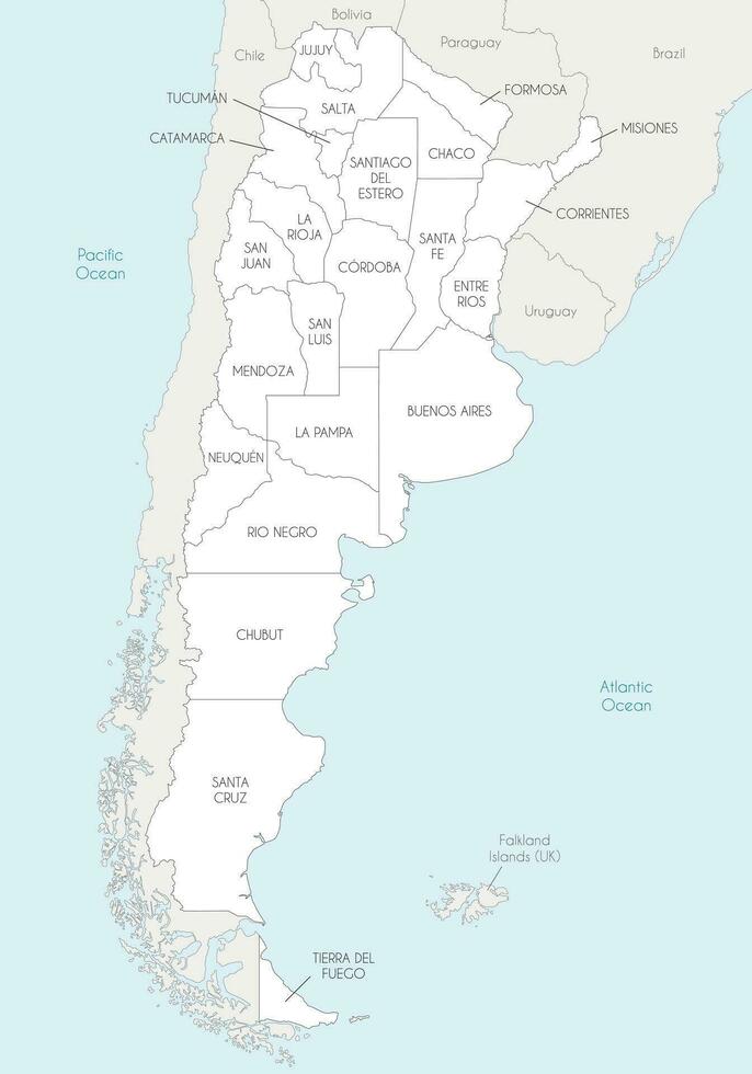 Vektor Karte von Argentinien mit Provinzen oder föderiert Zustände und administrative Abteilungen, und benachbart Länder und Gebiete. editierbar und deutlich beschriftet Lagen.