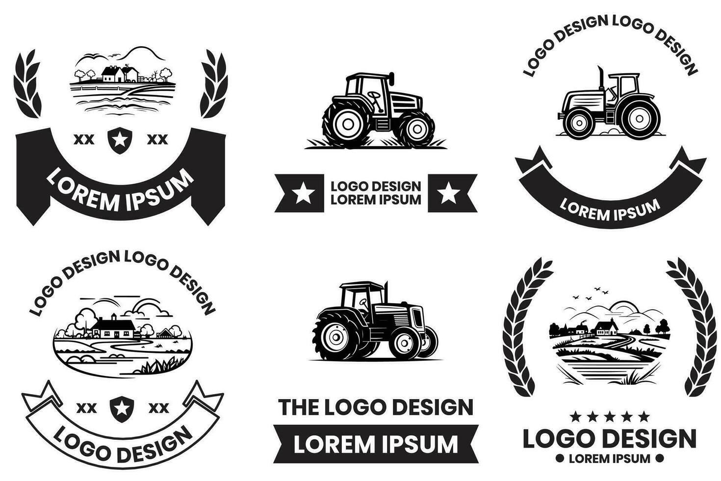 Bauernhöfe und Felder Logo im eben Linie Kunst Stil vektor
