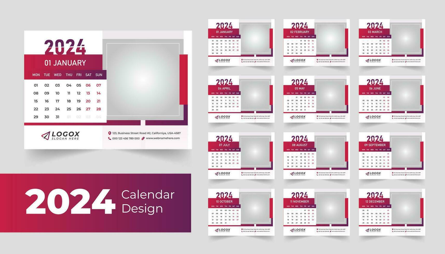 2024 kontor skrivbord kalender modern enkel design företags- företag årlig planerare mall uppsättning. vektor