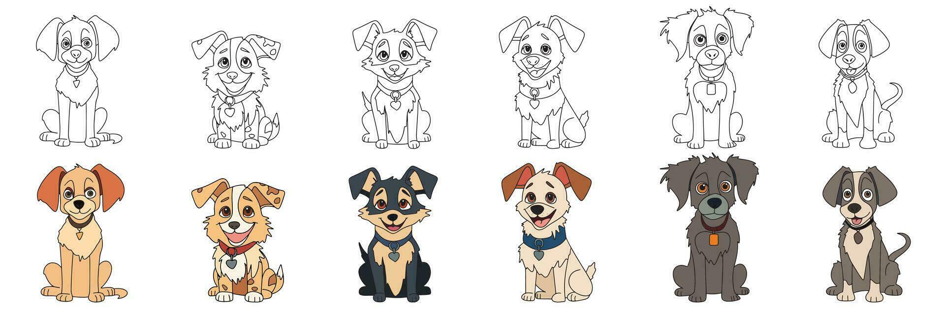 samling av söt hundar i klotter stil och färgad översikt. vektor illustration