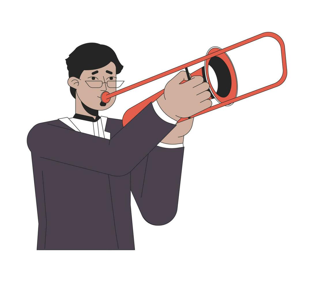 glasögon indisk man spelar trombon 2d linjär tecknad serie karaktär. trombonist kille innehav instrument isolerat linje vektor person vit bakgrund. jazz instrumentalist Färg platt fläck illustration