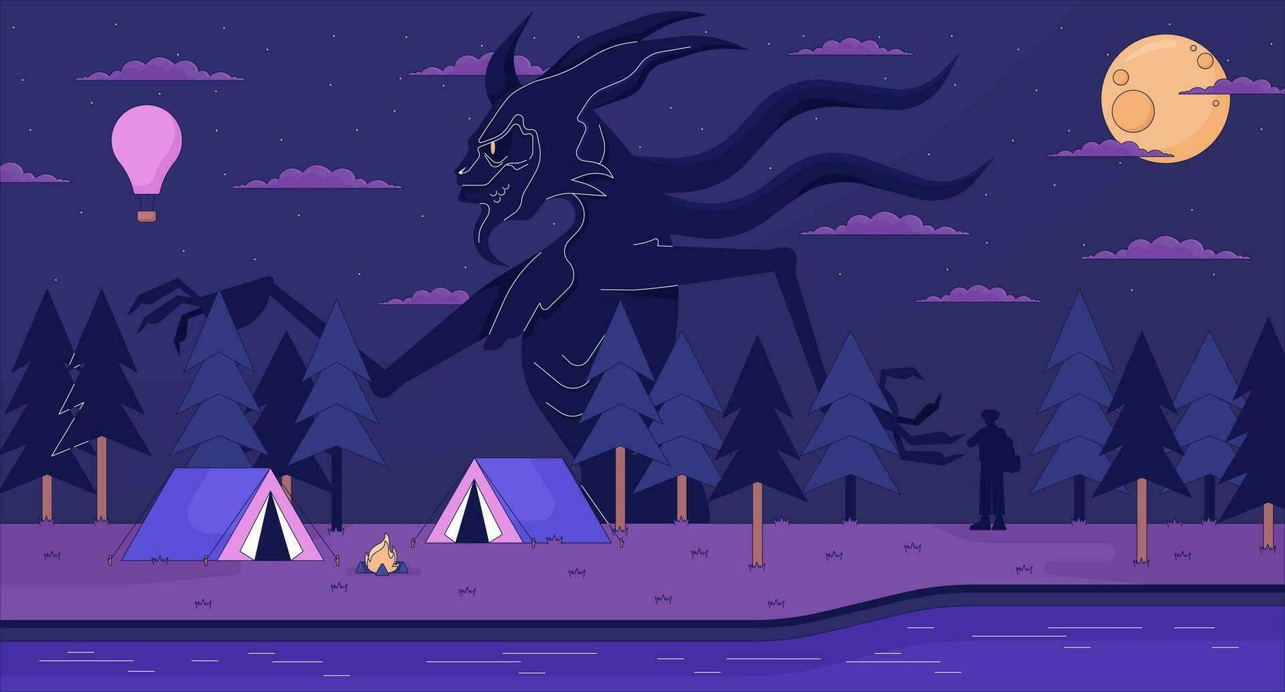 kuslig trän camping webbplats lofi tapet. gående skog monster på lägereld 2d scen tecknad serie platt illustration. flod campingplats läskigt mardröm kyla vektor konst, lo fi estetisk färgrik bakgrund