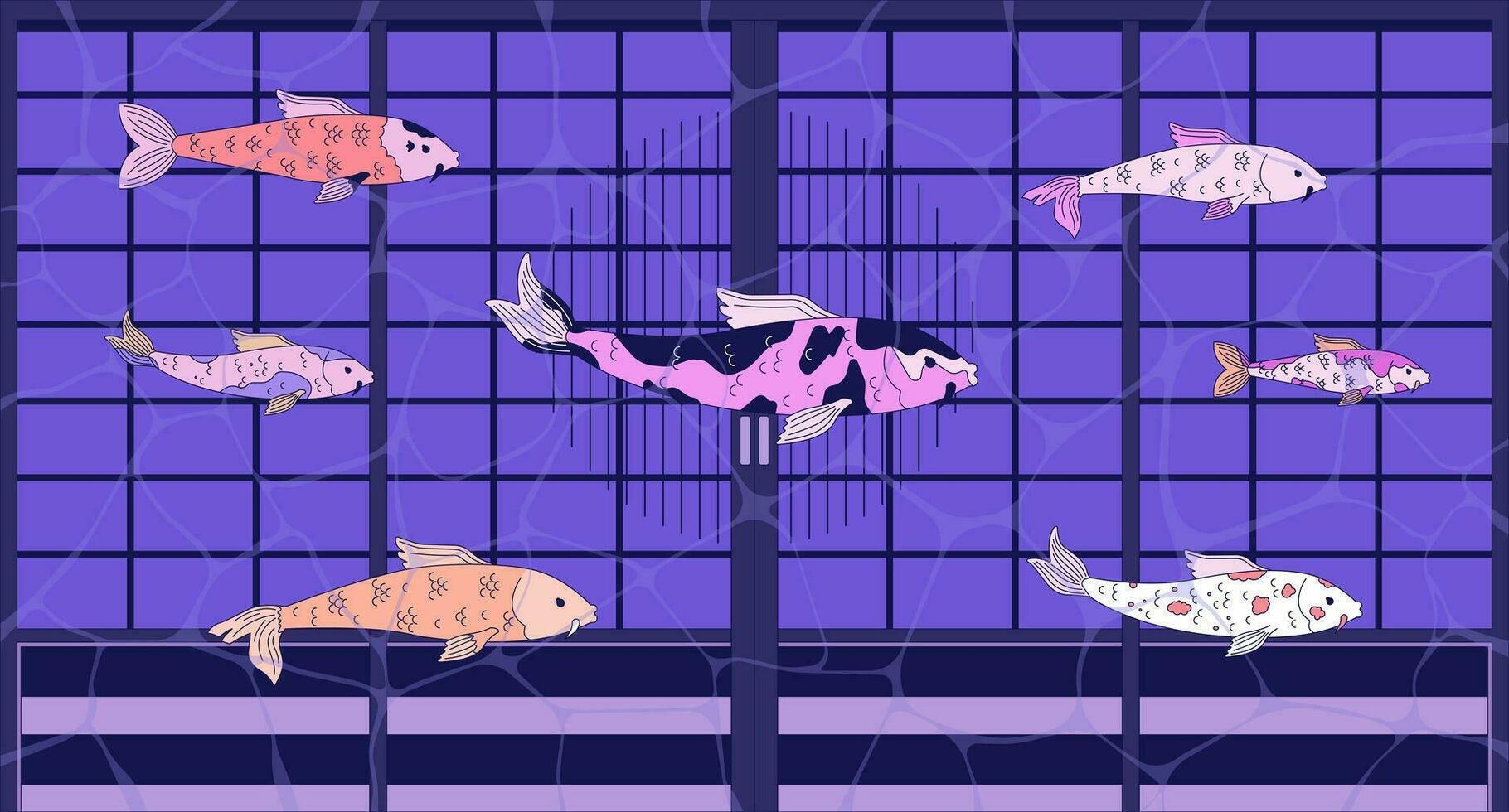 Karpfen Koi Schwimmen im überflutet Haus lofi Hintergrund. traditionell japanisch Tür Nishikigoi Fisch 2d Zeichen Karikatur eben Illustration. Aquarium Ausruhen Vektor Kunst, siehe da fi ästhetisch bunt Hintergrund