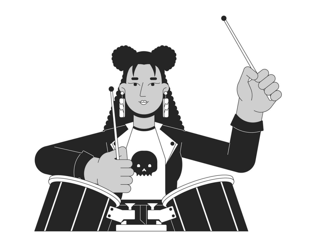 afrikansk amerikan kvinna musiker spelar trummor svart och vit 2d linje tecknad serie karaktär. Häftigt handelsresande flicka innehar pinnar isolerat vektor översikt person. artist enfärgad platt fläck illustration