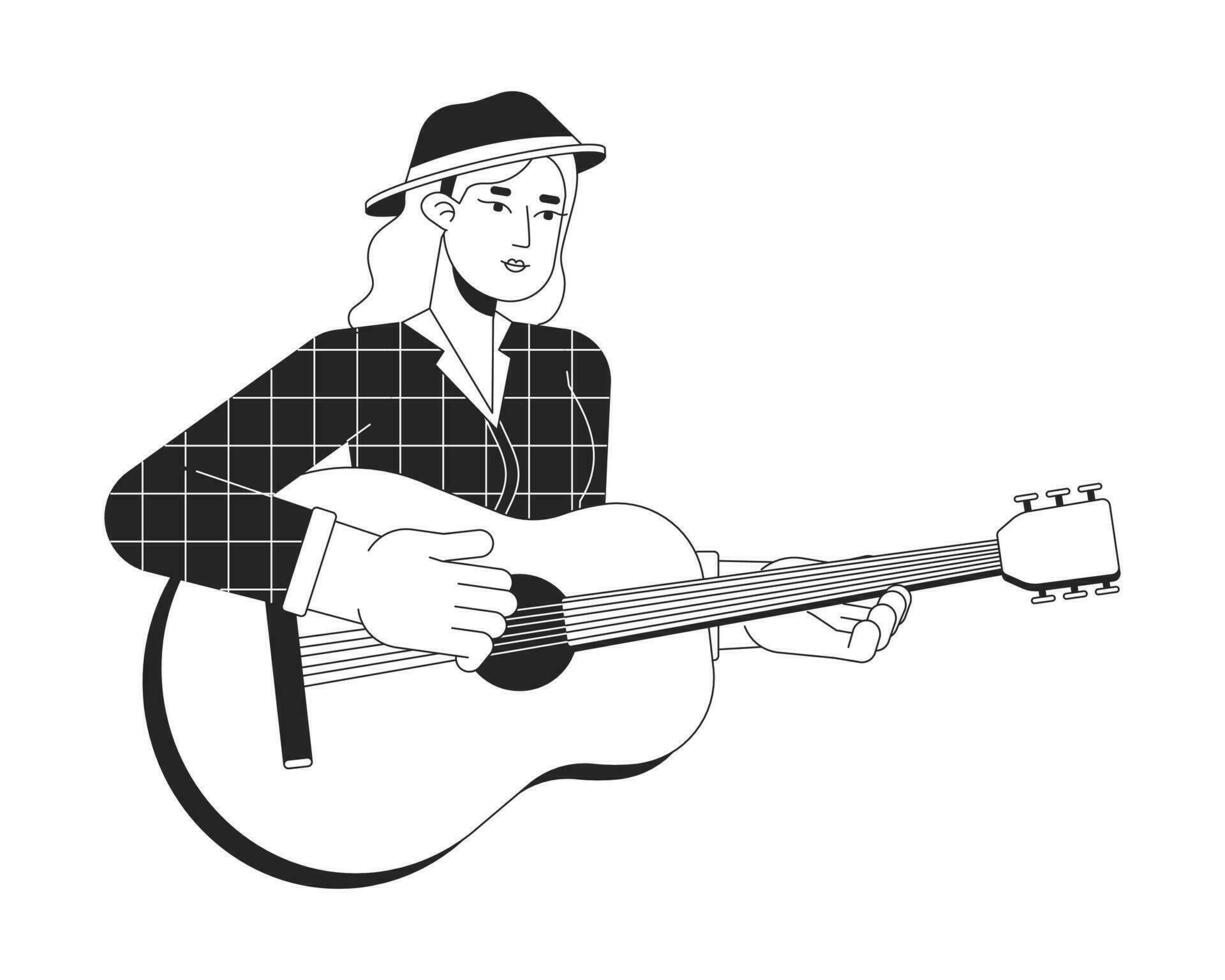 Gitarrist Mädchen zupfen Saiten auf akustisch Gitarre schwarz und Weiß 2d Linie Karikatur Charakter. europäisch Frau isoliert Vektor Gliederung Person. spielen Instrument monochromatisch eben Stelle Illustration