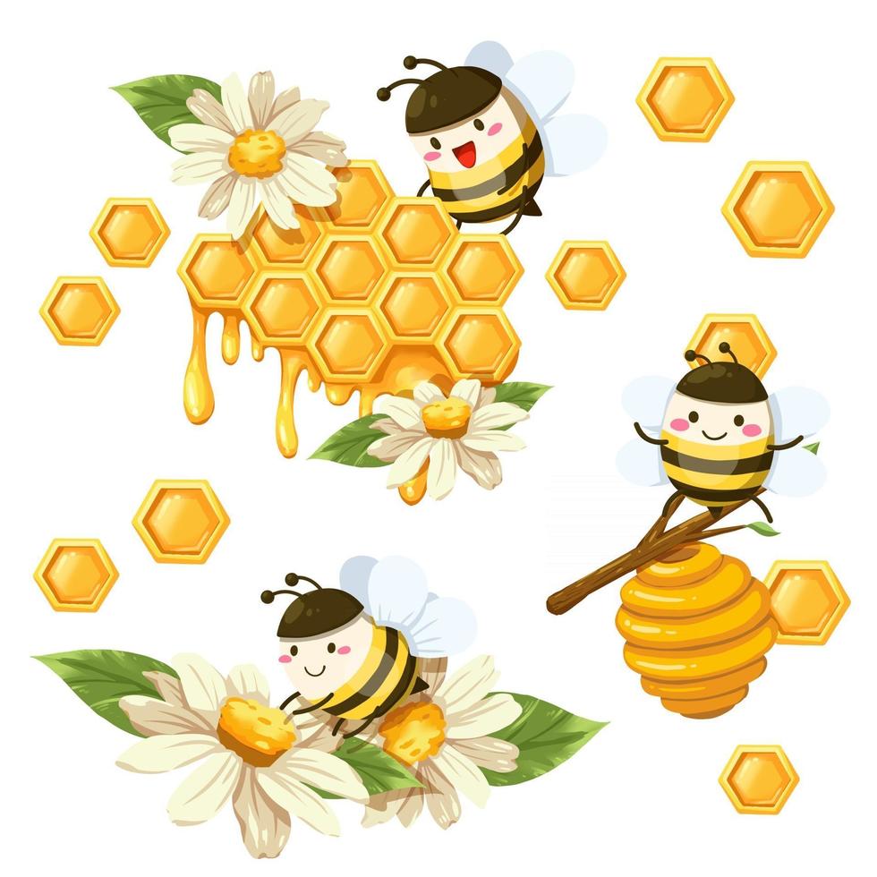 bunt av isolerade söta bin och bikakan i seriefigurer samling vektor