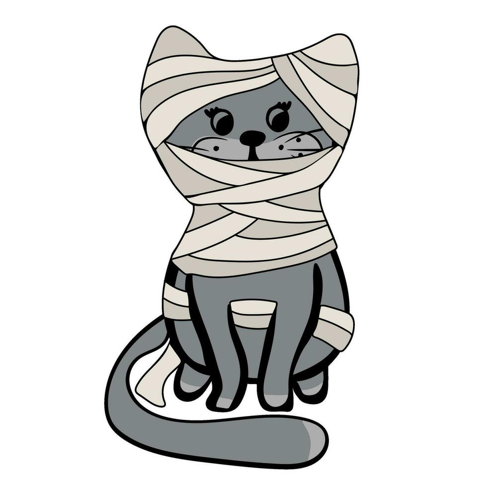 süß Katze im gespenstisch Outfit von Mumie. Halloween Katze Kostüm Party vektor