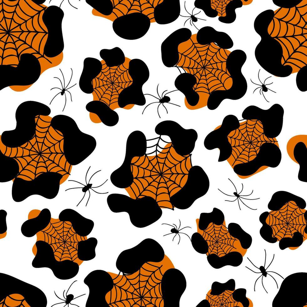 halloween sömlös mönster med spindlar och Spindel banor på leopard skriva ut. elegant läskigt Semester textur perfekt för gåva omslag, Hem dekor och textilier vektor