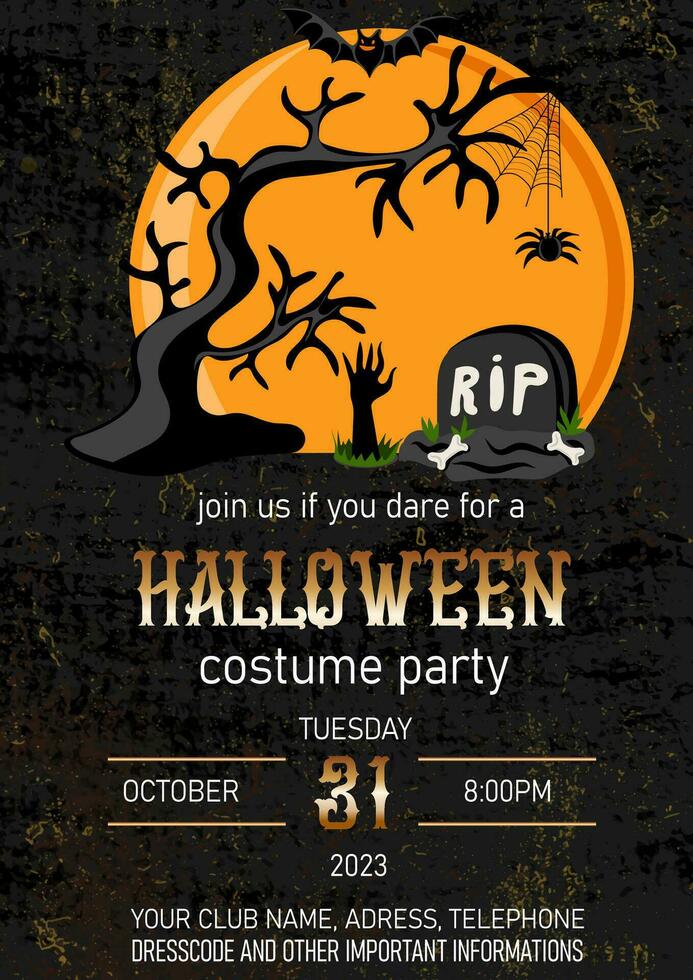 Halloween Kostüm Party Einladung mit unheimlich Baum, Friedhof und fliegend Schläger auf Mond Hintergrund vektor