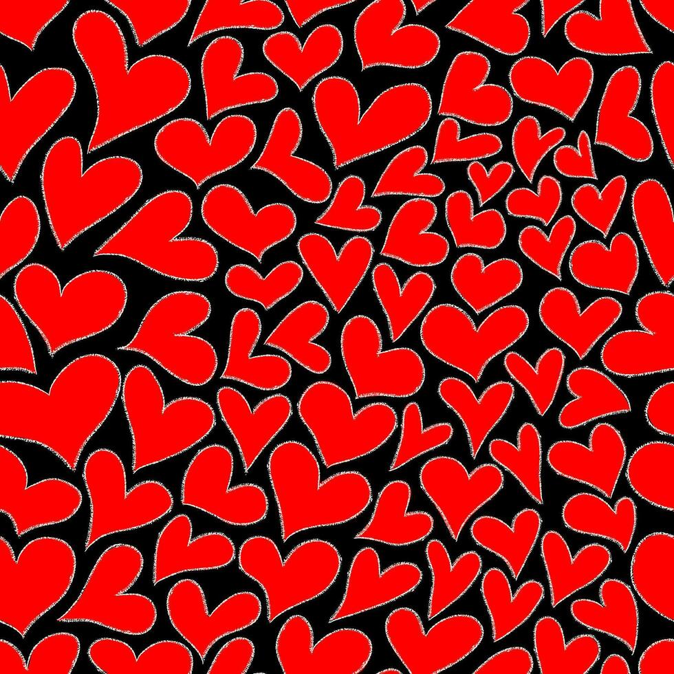 sömlös mönster med abstrakt röd hjärtan på svart bakgrund. hand dragen krita skriva ut för tyg, textilier, omslag papper. vektor