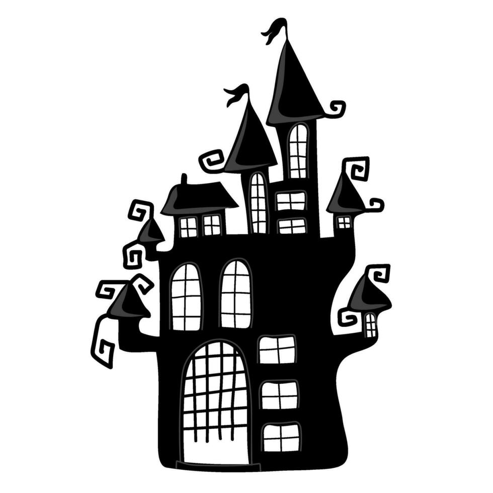 Silhouette von gruselig Schloss. glücklich Halloween Konzept. Hand gezeichnet Gekritzel Design Element zum Poster vektor