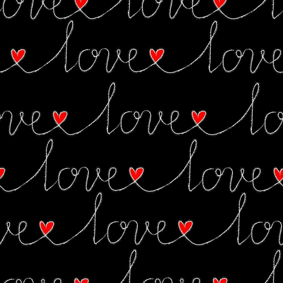 nahtlos Muster mit abstrakt Liebe Text und Herzen im einer Linie auf schwarz. Hand gezeichnet Tinte drucken zum Stoff, Textilien, Verpackung Papier vektor