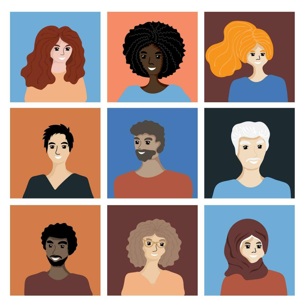 en uppsättning av människors ansikten män, kvinnor, ung och äldre av annorlunda races och nationer. mångfald och inkludering koncept.kön och ålder mångfald. mångkulturell samhälle vektor
