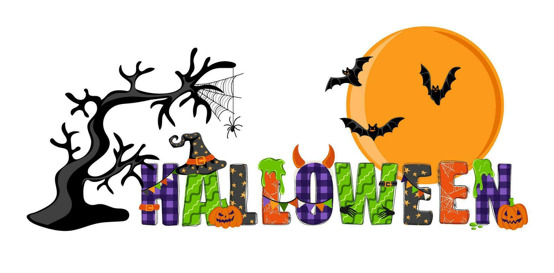 Halloween. Hand gezeichnet Gekritzel Text mit Hexe Hut, Schläger, Spinnen und Kürbisse. Urlaub Design zum Poster, Banner, t Shirt, Karte, Flyer, Einladung vektor