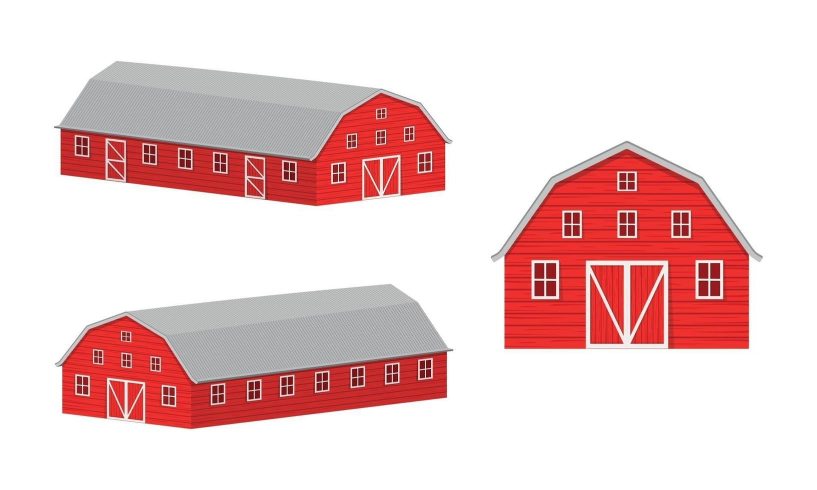 Holzscheune und Silo für die Getreidelagerung vorne und isometrische Ansicht. rotes landwirtschaftliches Lagergebäude und Container für Weizensamen isoliert auf weißem Hintergrund vektor