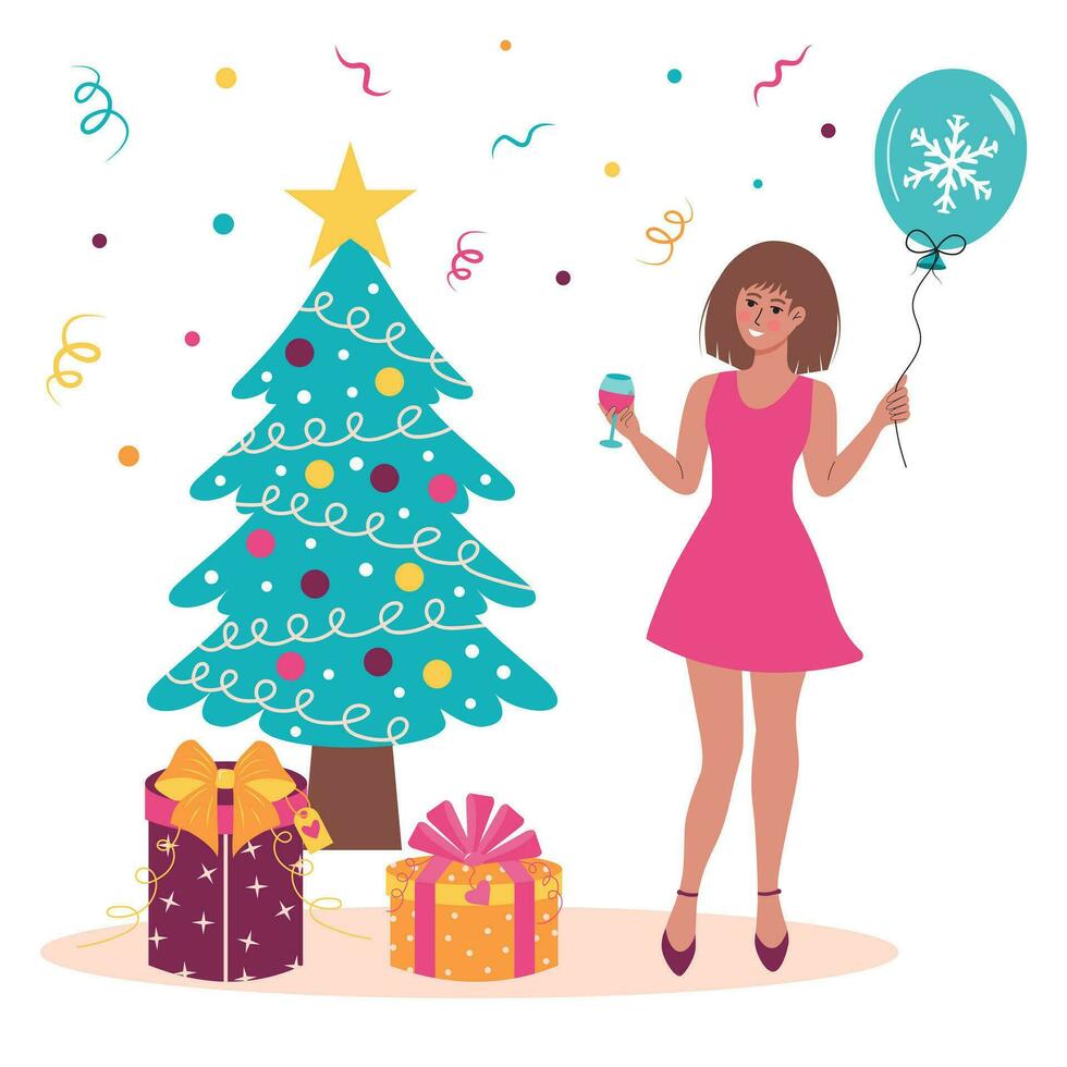 Lycklig ung kvinna med glas av vin och ballong stående nära de jul träd och närvarande lådor. jul, ny år, fest humör. vinter- högtider. vektor
