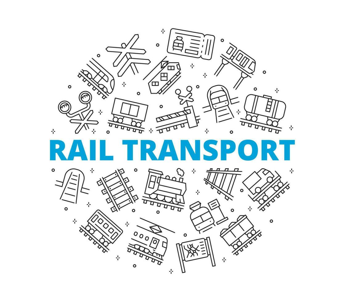 Schiene Transport einstellen Symbole. kreisförmig Komposition. enthält eine solche Symbole wie Schiene, Zug, Lokomotive, Eisenbahn Wagen, Bahnhof und mehr. vektor