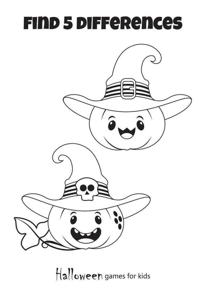 Mini Färbung Spiele zum Kinder finden 5 Unterschiede mit süß Kürbis im Hut beim Halloween Party. Mini Spiele zum Vorschulkinder, lehrreich und lehrreich Spiele zum Kinder. schwarz und Weiß vektor