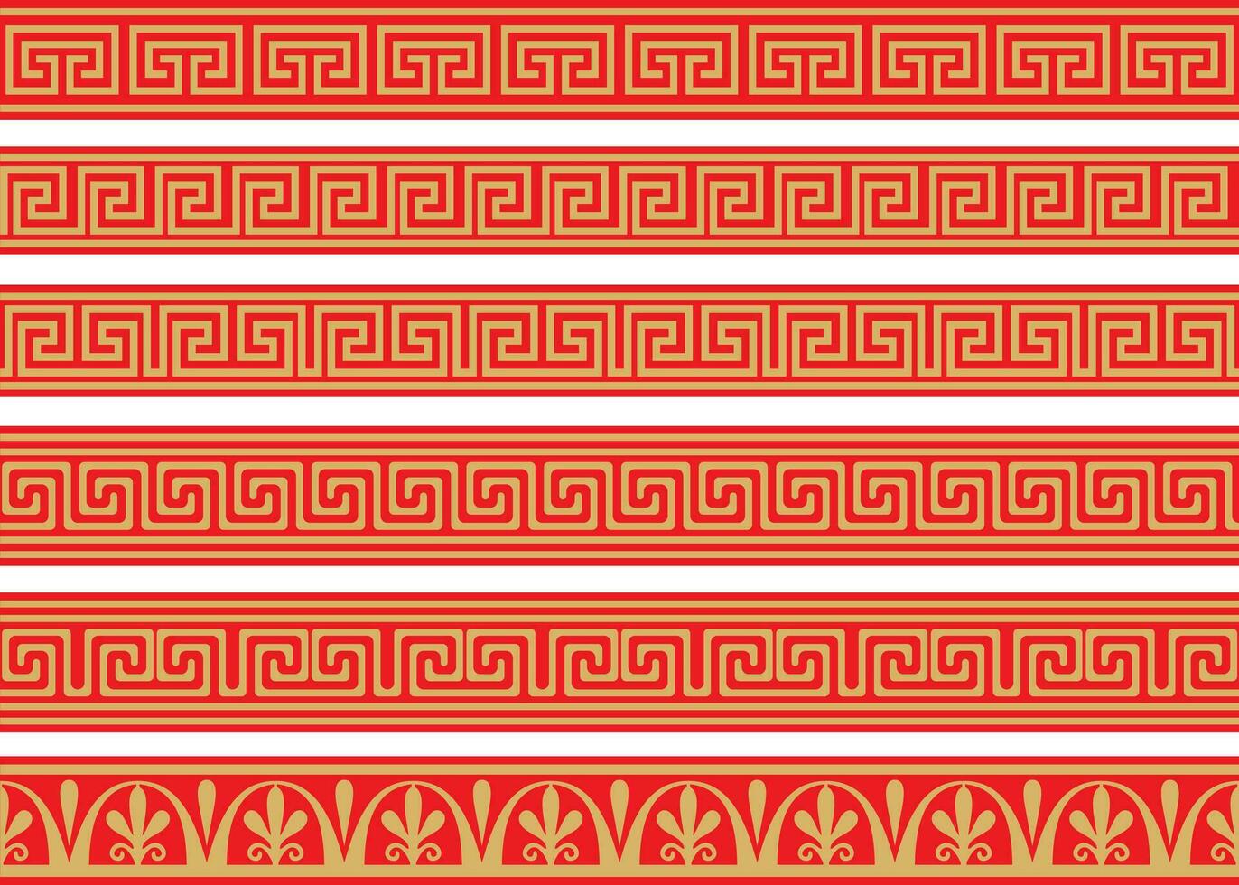 uppsättning av vektor sömlös grekisk klassisk prydnad. mönster för en gräns och en ram. gammal grekland och de roman imperium. ändlös guld med röd slingra sig