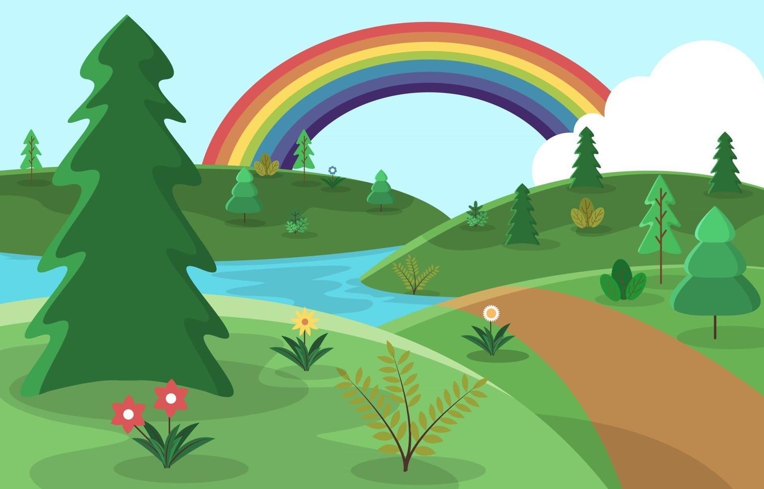 schöne regenbogensommerhügel seenaturlandschaftsillustration vektor