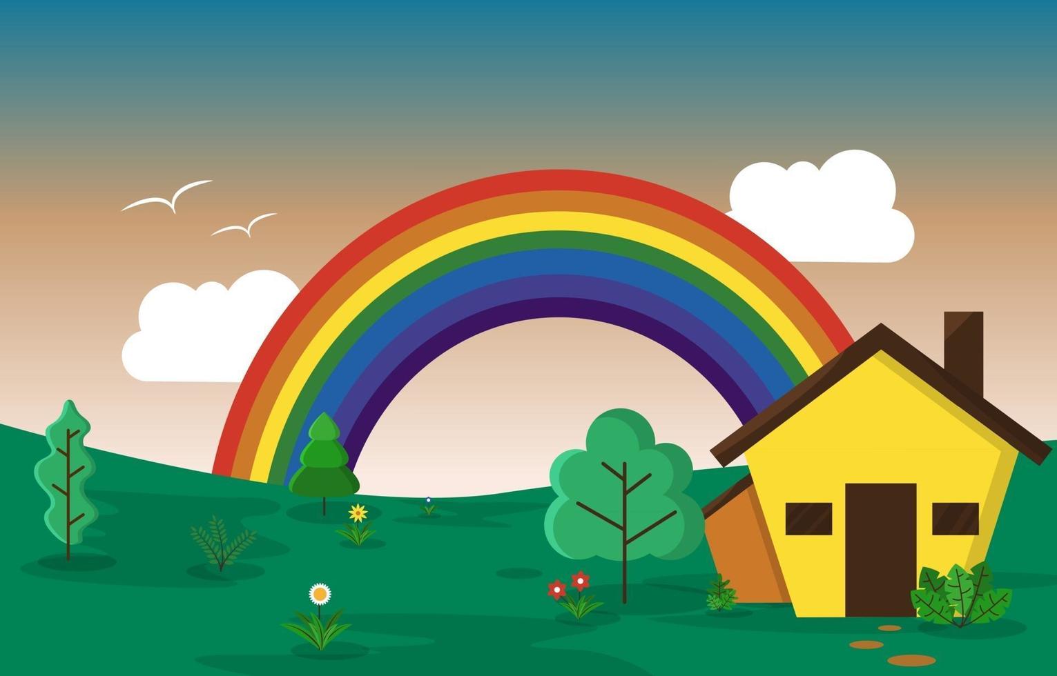 schöne regenbogensommer kleines haus natur landschaftsillustration vektor