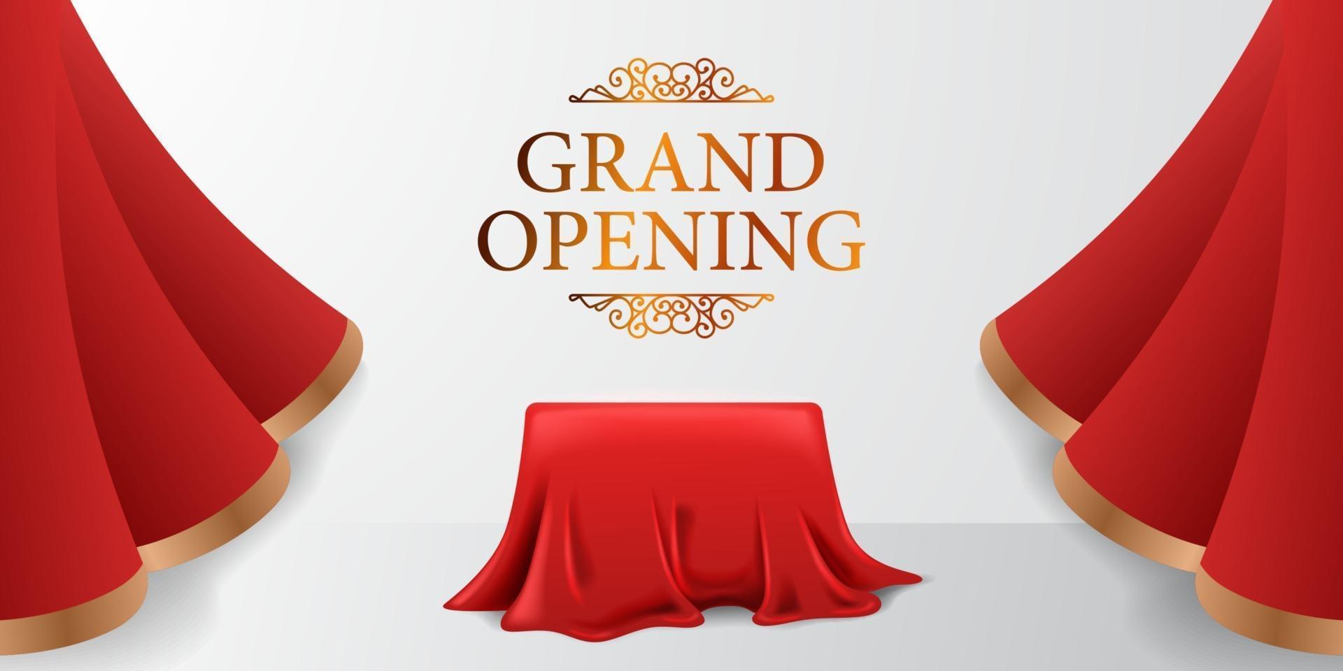 Elegantes Luxus-Eröffnungsplakat-Banner mit roter Seidenvorhangwelle offen mit Stoffbezug-Box-Illustration mit weißem Hintergrund und goldenem Text vektor