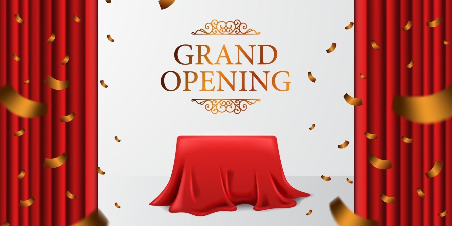 Grand Opening königlich elegante Überraschung mit Satinstoff Stoffvorhang und Abdeckbox und goldenem Konfetti mit weißem Hintergrund vektor