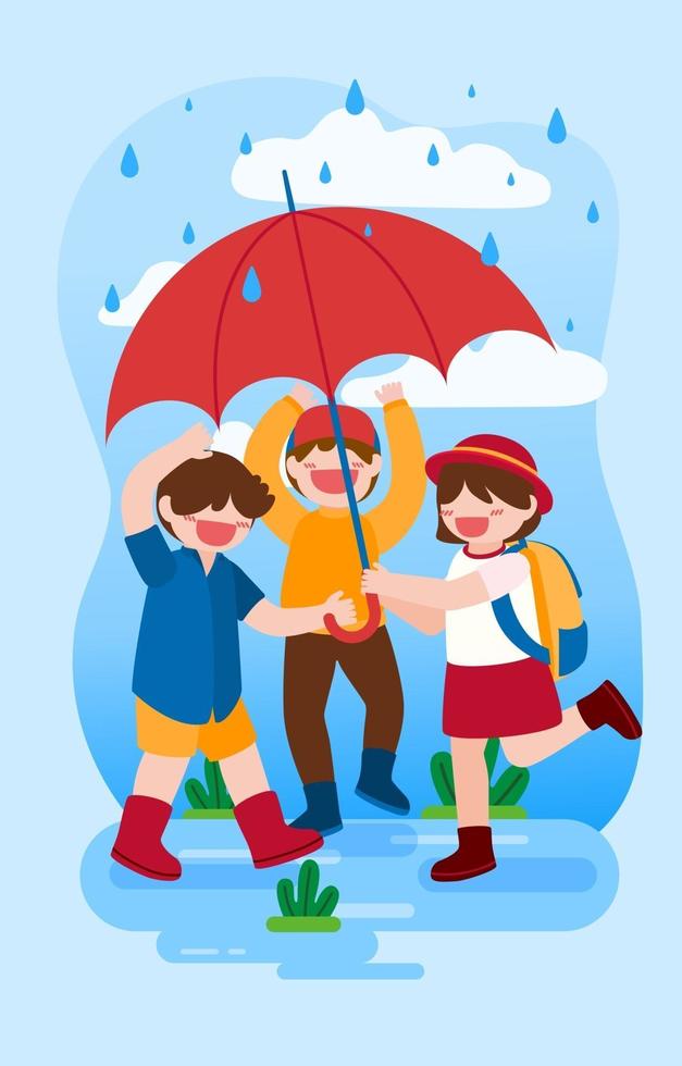 stor isolerad tecknad karaktär vektorillustration av söta barn som leker i regn ut sidan hem, platt illustration vektor