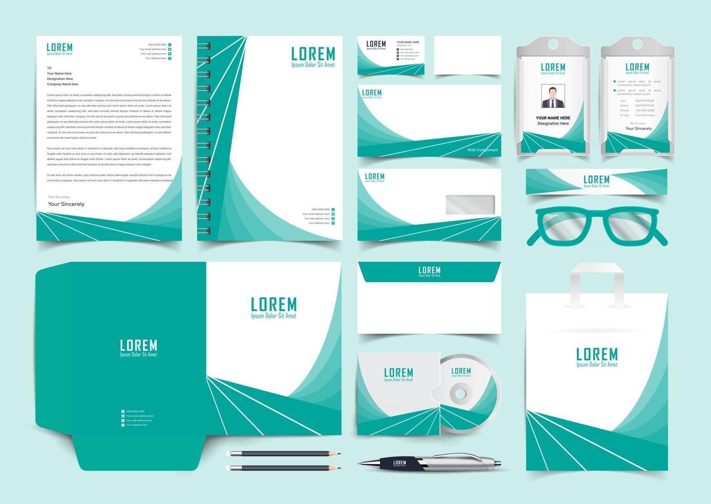grüne Unternehmensidentität festgelegt. Briefpapier-Vorlagen-Design-Kit. Branding-Vorlage bearbeitbares Markenidentitätspaket vektor
