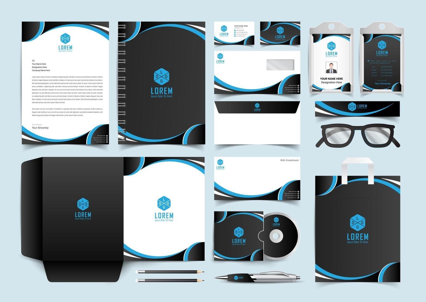 företagsidentitetsuppsättning. svart och blå brevpapper mall design kit. branding mall redigerbart varumärkesidentitetspaket vektor