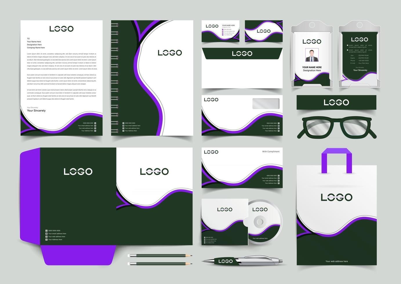 Marineblau und Lila Corporate Identity-Set. Briefpapier-Vorlagen-Design-Kit. Branding-Vorlage bearbeitbares Markenidentitätspaket vektor