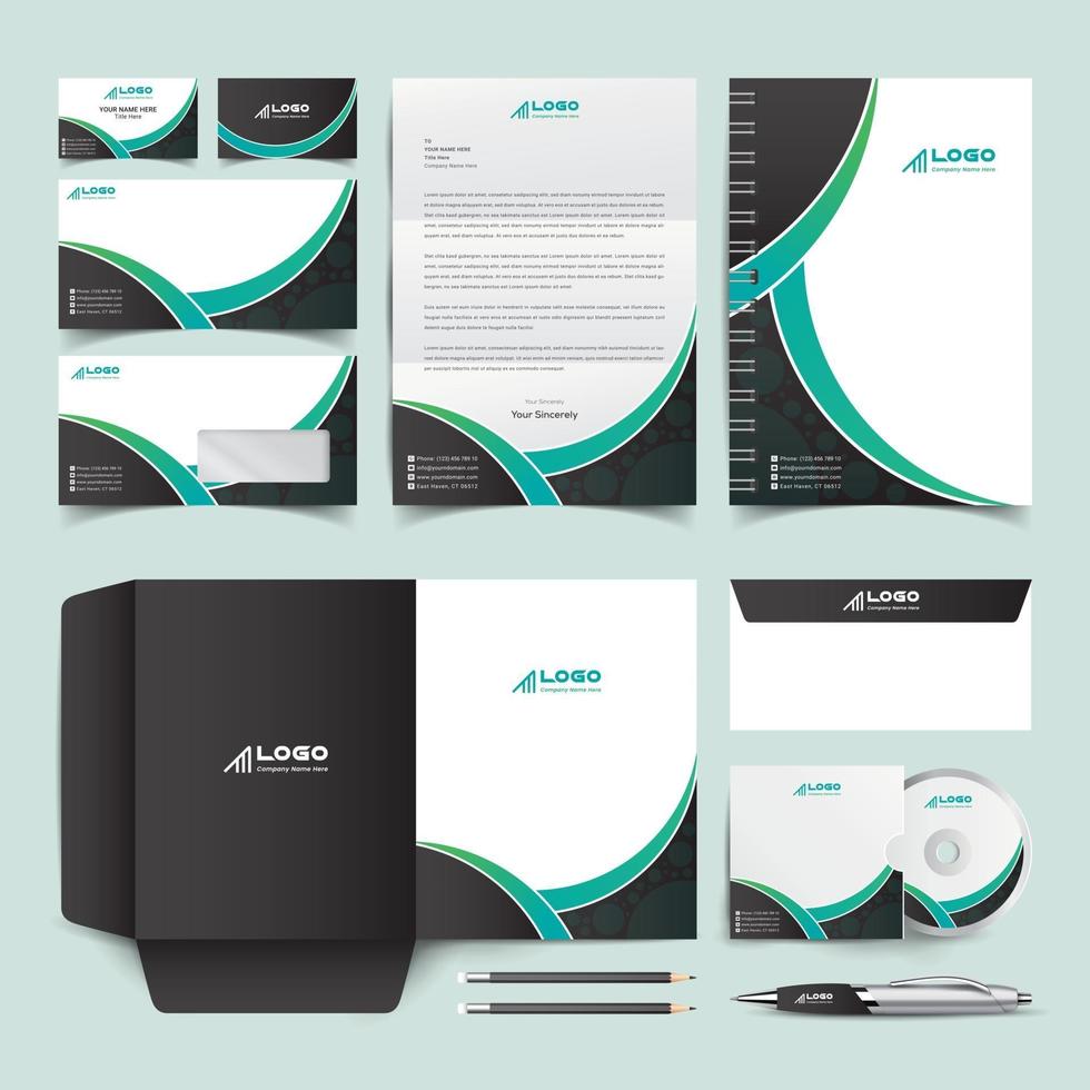 Unternehmensidentität festgelegt. grünes und schwarzes Briefpapier-Vorlagen-Design-Kit. Branding-Vorlage bearbeitbares Markenidentitätspaket vektor