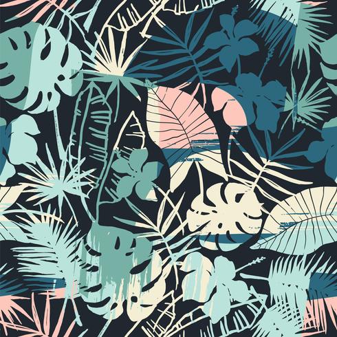 Seamless exotiskt mönster med tropiska växter och konstnärlig bakgrund vektor