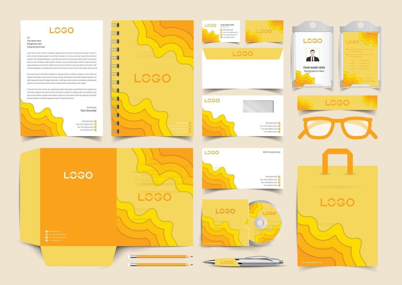 företags gul pappersskuren identitetsuppsättning. brevpapper mall design kit. branding mall redigerbart varumärkesidentitetspaket vektor