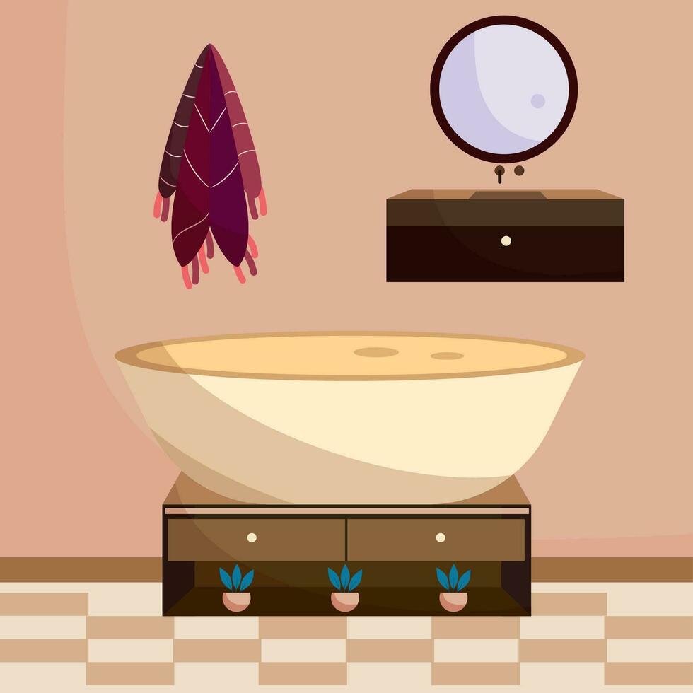 färgad badrum med badkar spegel och handduk inomhus- design vektor illustration
