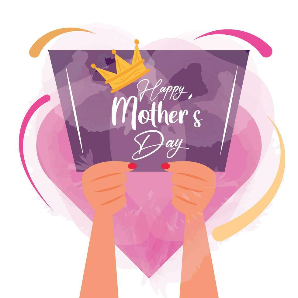 Paar von Hände halten ein Karte mit ein Krone glücklich Mutter Tag Feier Vektor Illustration