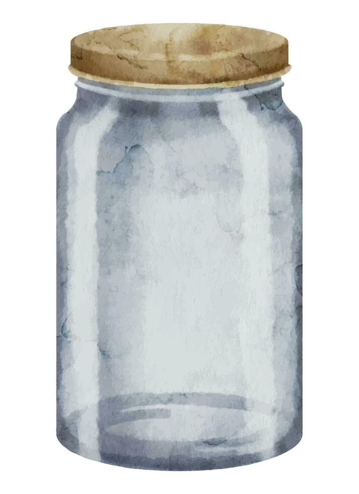 glas burk på vit isolerat bakgrund. vattenfärg illustration av en transparent flaska med trä- kork. hand dragen klämma konst av ett tömma blå behållare med lock. teckning av årgång kök redskap vektor