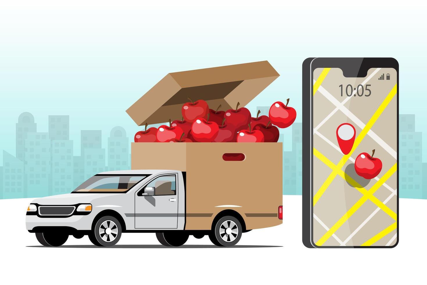 Große isolierte Fahrzeugvektor-bunte Symbole, flache Illustrationen der Lieferung per Van durch GPS-Tracking-Standort. Lieferfahrzeug, Waren- und Lebensmittellieferung, Sofortlieferung, Online-Lieferung. vektor