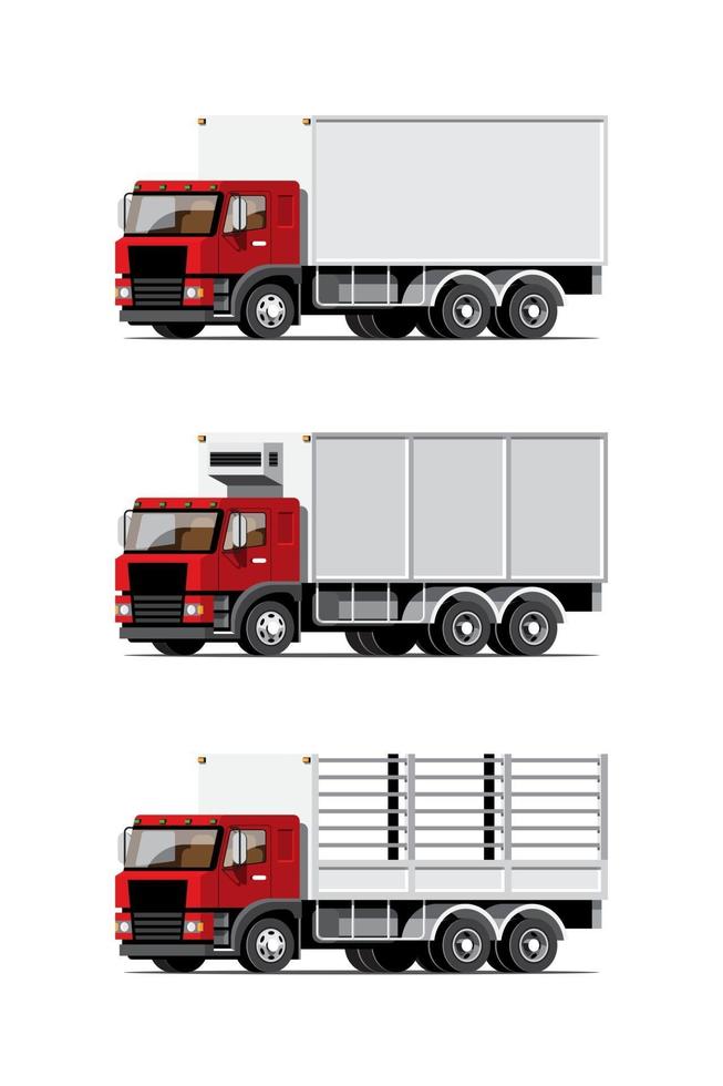 große isolierte Fahrzeugvektor bunte Icons Set, flache Illustrationen von verschiedenen LKW-Typen, logistisches Handelsverkehrskonzept. vektor